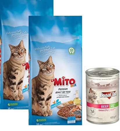Mito Mix Adult Cat Tavuklu ve Balıklı Renkli Taneli Yetişkin Kedi Maması 1 kg x 2 Ad. + Yaş Mama 400 Gr. x 1 Ad.