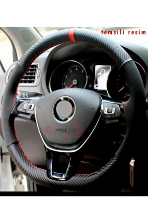 Peugeot 206 Uyumlu Dikmeli Direksiyon Kılıfı Alkantara-karbon Kırmızı Yüzüklü