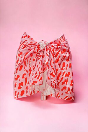 Pembe Kırmızı Geometrik Desenli Kısa Pareo Saten Iç Göstermez Kadın Plaj Elbisesi Yeni Sezon