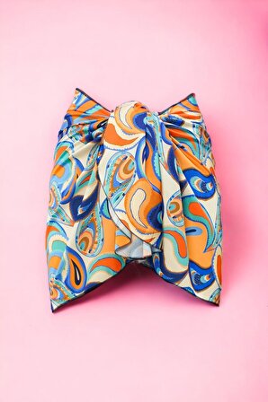 Turuncu Mavi Etnik Desenli Kısa Pareo Saten Iç Göstermez Kadın Plaj Elbisesi Yeni Sezon