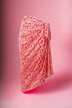 Pembe Kırmızı Geometrik Desenli Uzun Pareo Saten Iç Göstermez Kadın Plaj Elbisesi Yeni Sezon