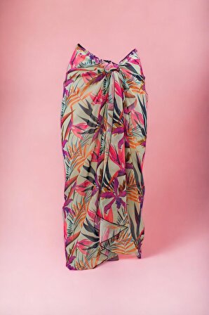 Mor Yaprak Desenli Uzun Pareo Şifon Kadın Plaj Elbisesi Yeni Sezon