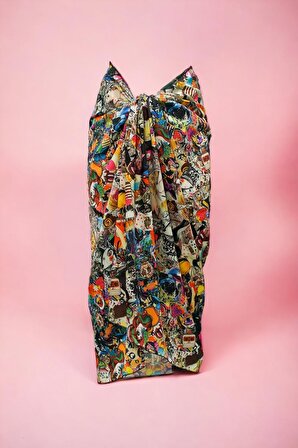 Vintage Retro Desenli Uzun Pareo Şifon Kadın Plaj Elbisesi Yeni Sezon