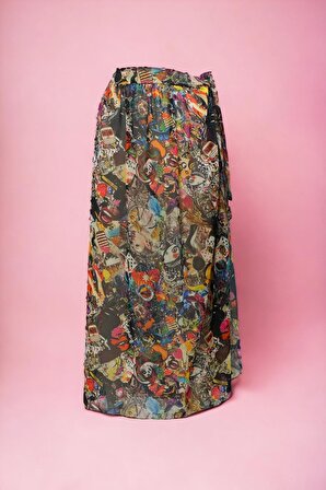 Vintage Retro Desenli Uzun Pareo Bağlamalı Şifon Kadın Plaj Elbisesi Yeni Sezon