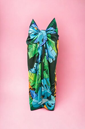 Özel Yeşil Kaplan Desenli Uzun Pareo Saten Iç Göstermez Kadın Plaj Elbisesi Yeni Sezon