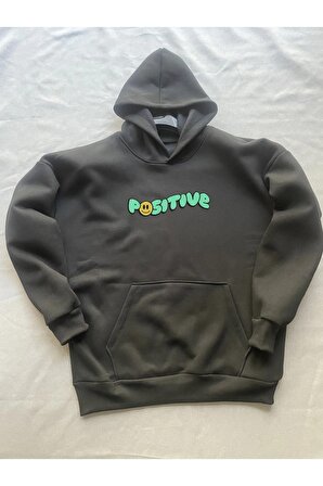 Positive Baskılı Siyah Erkek Kapüşonlu 3 iplik Şardonlu Ribanalı Sweatshirt Hoodie