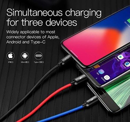 QASUL Hızlı Şarj Kablosu 3'lü USB Type-C+Ios+Mıcro (Deri Kablo -)