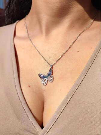 Kararmaz Paslanmaz Butterfly Kelebek Figürlü Gümüş Renk Çelik Zincirli Kolye