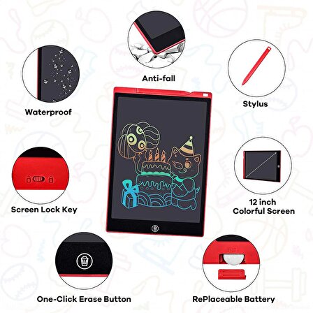 QASUL a 12" Büyük Boy Dijital Çocuk Yazı Tahtası Grafik Çizim Tableti Lcd 12" Inc Ekran teknomila12inç
