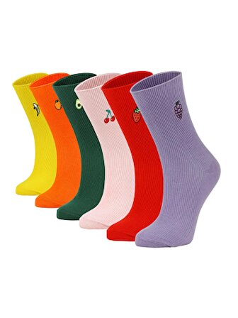 Kadın Renkli 6'lı Meyve Nakışlı Çorap Avakado,Üzüm,Kiraz,Çilek,Portakal,Muz Desenli Nakışlı Çorap