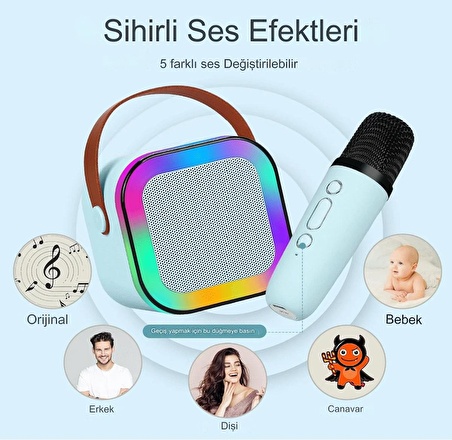 Rgb Işıkl Mikrofonlu Taşınabilir Bluetooth Hoparlör Kablosuz Karaoke Müzik Eğlence  KARAOKE Hoparlör MAVİ