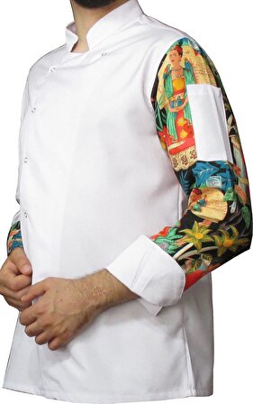 Aşçı Ceketi Desenli Unisex Çıtçıtlı Beyaz Uzun Kollu Chef Aşçı Mutfak Ceket Tablo Desenli