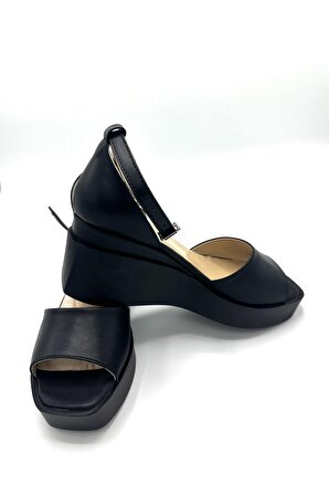 Summer  Hakiki Deri  Kadın Siyah Platform Sandalet