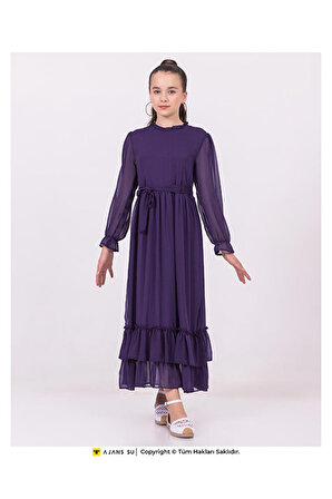 Tül Uzunkol Eteği Katlı Büzgülü Şifon Kız Elbise
