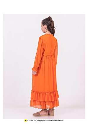 Tül Uzunkol Eteği Katlı Büzgülü Şifon Kız Elbise