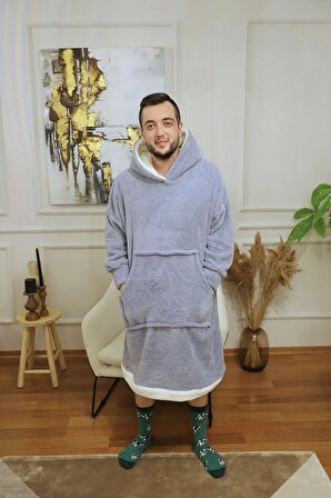 ROKEFFWellsoft Giyilebilir Battaniye-Beyaz Bantlı, Beyaz Kapüşonlu