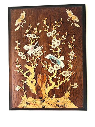 ronikshop Orijinal Ahşap Kakma Duvar Sanatı, Kakmacılık, Sanat Çerçevesi 4 Kuş Tasarımı