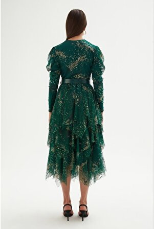 Kruvaze Yaka Baskılı Tül Abiye Elbise 1773-Yeşil