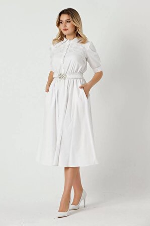 Nakış Ve Kemer Detaylı Poplin Elbise 1778-Beyaz