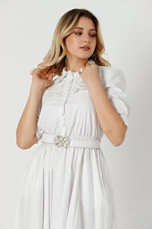 Nakış Ve Kemer Detaylı Poplin Elbise 1778-Beyaz
