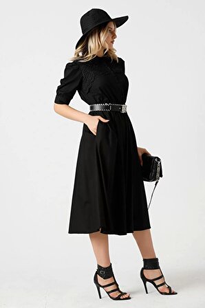Nakış Ve Kemer Detaylı Poplin Elbise 1778-Siyah