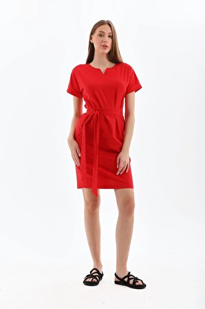 Kadın Kırmızı V Yaka Detaylı Yarasa Kısa Kol %100 Pamuk Yazlık Mini Elbise