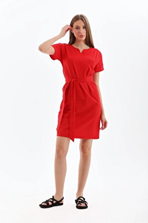 Kadın Kırmızı V Yaka Detaylı Yarasa Kısa Kol %100 Pamuk Yazlık Mini Elbise