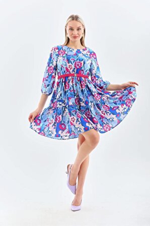 Kadın Yazlık Çiçek Desenli Beli Lastikli Büzgülü Mini Elbise