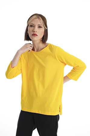 Sarı Uzun Kollu %100 Pamuk T-shirt