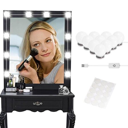 RiverWorld 10'lu Makyaj Aynası Masası Nostalji Hollywood Tarzı Beyaz Led Işıklı Lamba USB