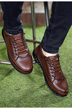 Tomiross-Ryan Erkek Kahve Cilt Klasik Ortopedik Yumuşak Sneaker Ayakkabı RYN-3218