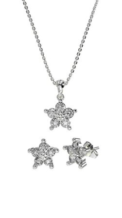 Zirkon Taşlı Rodyum Manolya Çiçeği Kolye Küpe 2'li Gümüş Set