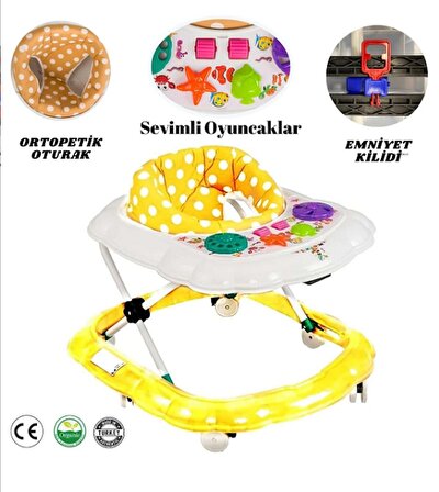 AYVELLA Yürüteç 3 Kademe Ayarlı Oyuncaklı Emniyet Kilitli Ortopedik Koltuklu Çift Renk Örümcek Modeli