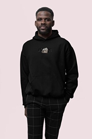 Realistic Baskılı Siyah Erkek Kapüşonlu 3 iplik Şardonlu Ribanalı Sweatshirt Hoodie