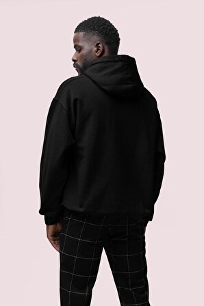 Realistic Baskılı Siyah Erkek Kapüşonlu 3 iplik Şardonlu Ribanalı Sweatshirt Hoodie