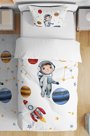 Kids Bebek&Çocuk&Genç Odası Uzayda Astronot Temalı Pamuklu Organik Nevresi Takımı 160x220cm