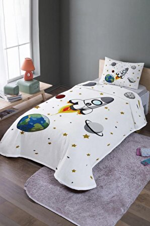 Çocuk&Bebek OdasıBeyaz Uzay Ve Roket Desenli Tek Kişilik Pike Takımı Ve Yatak Örtüsü