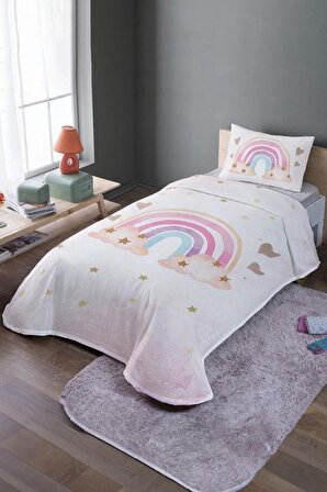 Çocuk&Bebek OdasıPudra Renkli Gökkuşağı Desenli Tek Kişilik Pike Takımı Ve Yatak Örtüsü