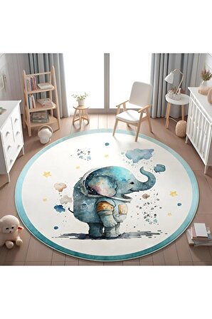 Çocuk&Bebek Odası Kadife Yıkanabilir Kalın  Yuvarlak Çocuk Halısı Astronot Fil