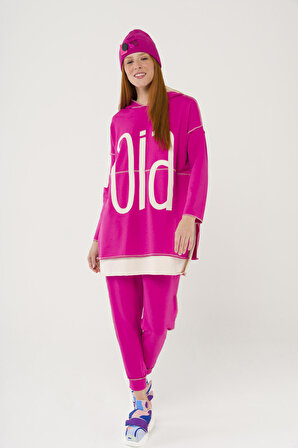 S-0900 Kontrast Renkli Slogan Baskılı Oversize Sweatshirt Takım