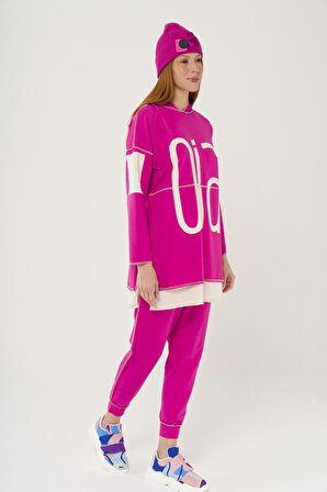 S-0900 Kontrast Renkli Slogan Baskılı Oversize Sweatshirt Takım