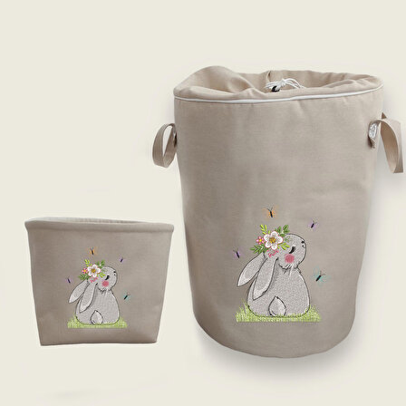 Sevimli Tavşan 3 Nakışlı Bez Oyuncak & Kirli Sepet Seti