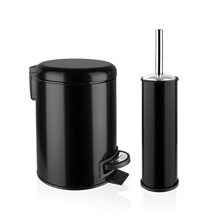Flosoft Elit Paslanmaz Çelik 2'li Banyo Seti Siyah (3 LT. Çöp Kovası + Tuvalet Fırçası)