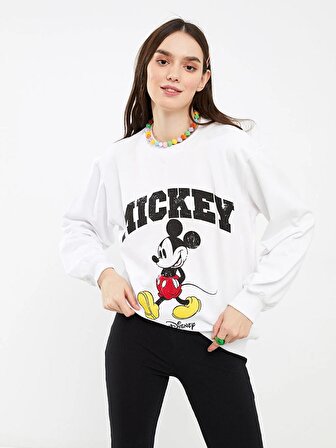 Bisiklet Yaka Mickey Mouse Baskılı Uzun Kollu Kadın Sweatshirt