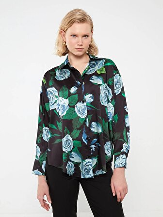 Çiçekli Uzun Kollu Oversize Saten Kadın Gömlek