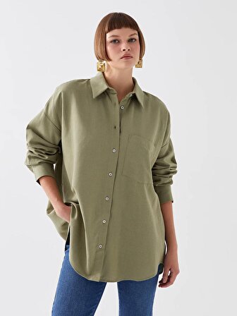 Düz Uzun Kollu Oversize Keten Karışımlı Kadın Gömlek