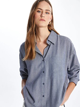 Çizgili Uzun Kollu Oversize Keten Karışımlı Kadın Gömlek