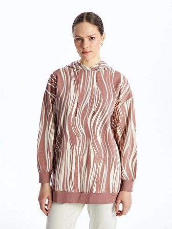 Kapüşonlu Desenli Uzun Kollu Kadın Sweatshirt Tunik