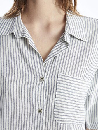 Çizgili Kısa Kollu Keten Karışımlı Kadın Gömlek