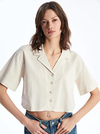 Düz Kısa Kollu Crop Keten Karışımlı Kadın Gömlek